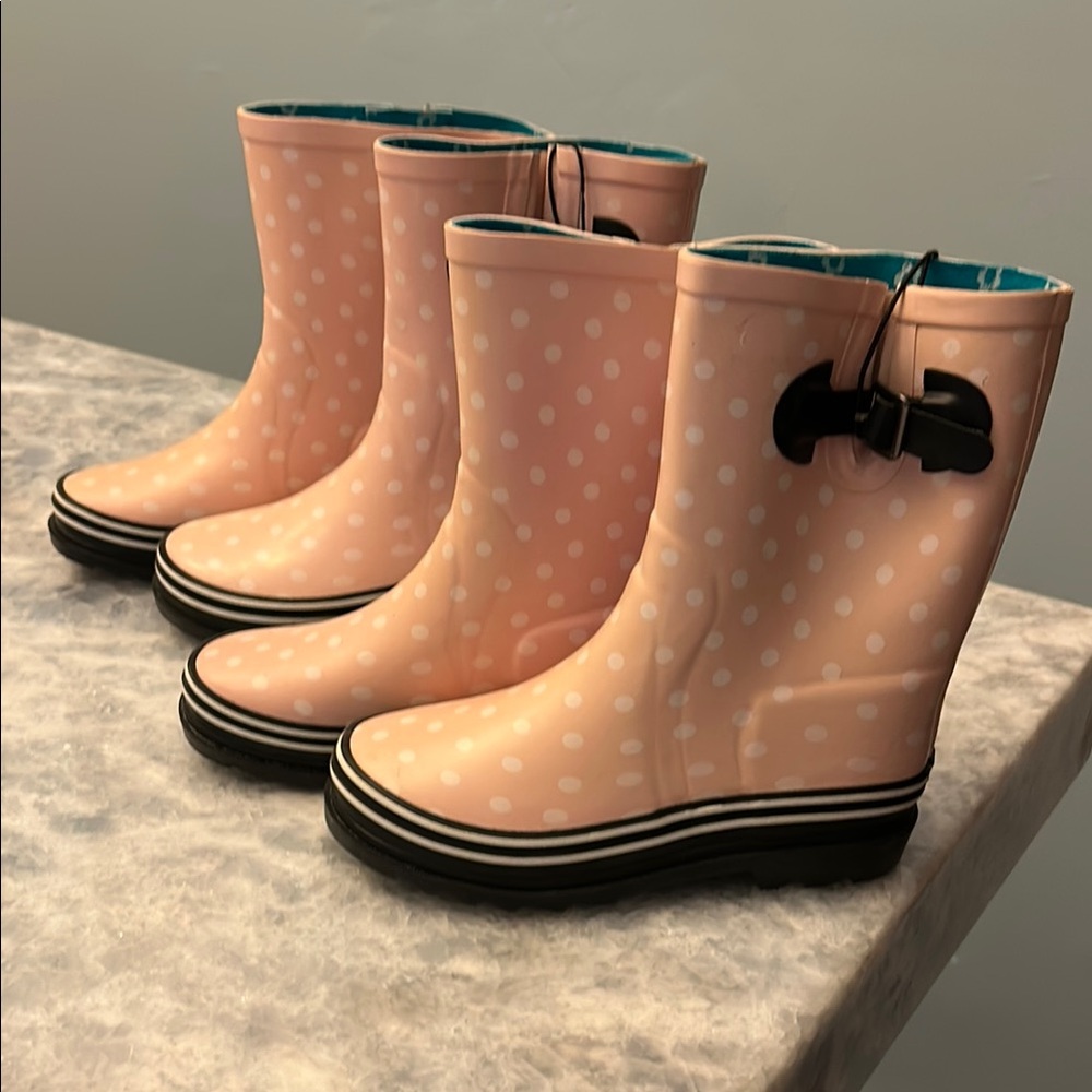 Girls Black and Pink White Polka Dot Rain Boots Platform Sole Size 13 Two Pairs - Picture 13 of 14